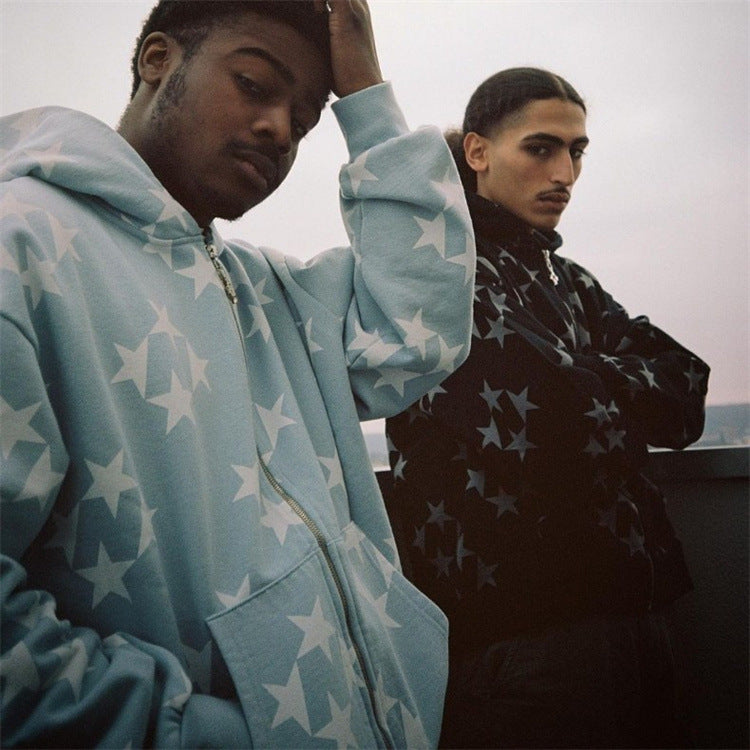 pull à capuche zippé imprimé étoiles unisex